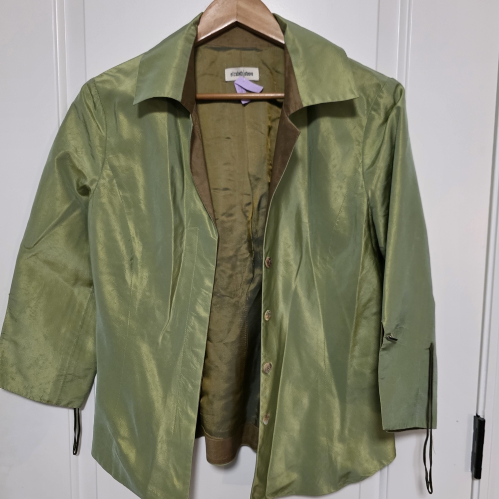 Elizabeth Steeve Green Satin Button-Front Jacket 100% Silk Size 10